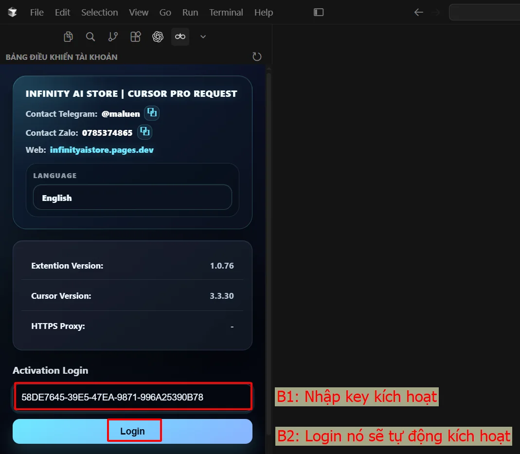 Đăng nhập key Cursor Pro và tự kích hoạt